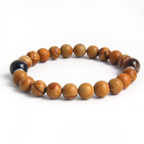 Wood Bracelets, 304 Stainless Steel, with Peach Wood & Tiger Eye, plated, Unisex, yellow Approx 19 cm 