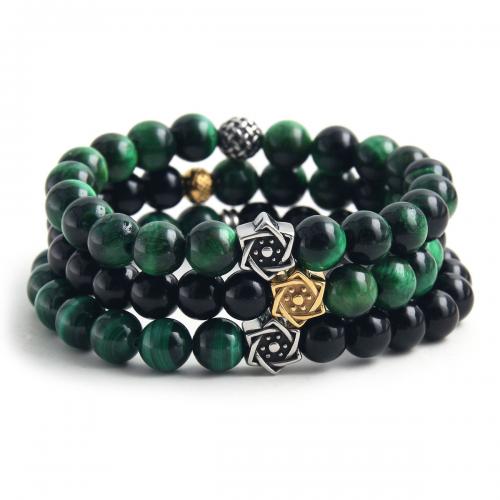 Tiger Eye Stone Bracelets, 304 Stainless Steel, with Tiger Eye, plated, Unisex green Approx 19 cm 