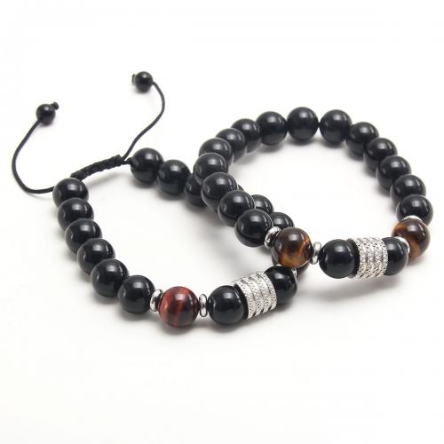 Tiger Eye Stone Bracelets, 304 Stainless Steel, with Glass Beads & Wax Cord & Tiger Eye, with 5CM extender chain, plated, Unisex black Approx 18 cm 