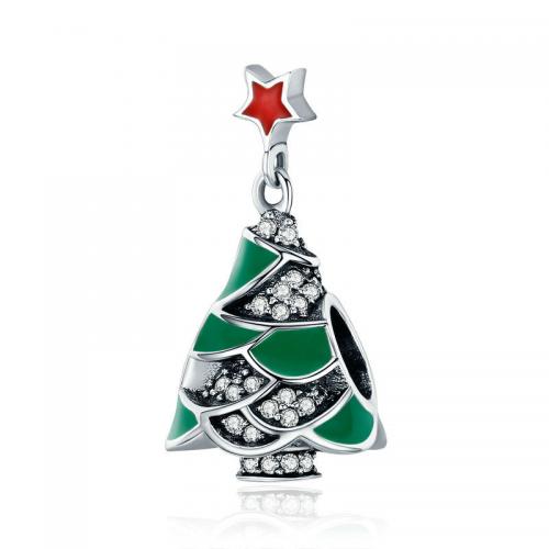 Cubic Zirconia Sterling Silver European Beads, 925 Sterling Silver, Christmas Tree, platinum plated, Christmas Design & DIY & micro pave cubic zirconia & enamel 