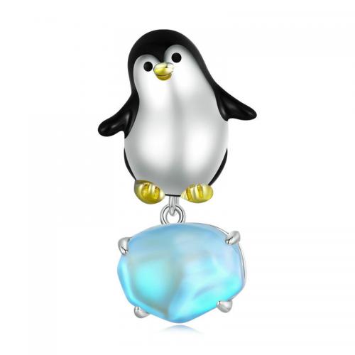 Enamel Sterling Silver European Beads, 925 Sterling Silver, with Crystal, Penguin, platinum plated, DIY 