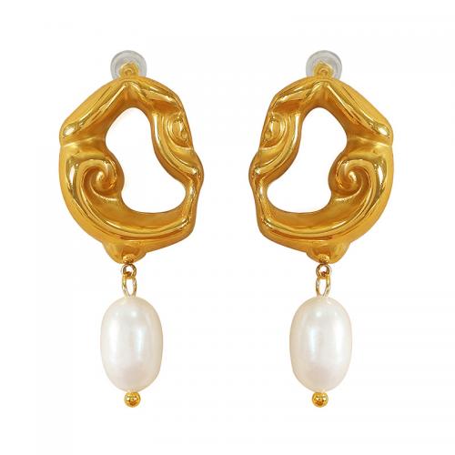 Freshwater Pearl Drop Earring, Titanium Steel, with Freshwater Pearl, 18K gold plated, fashion jewelry & for woman, golden 