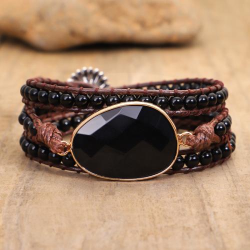 Wrap Bracelets, Black Agate, with leather cord, fashion jewelry & multilayer & Unisex Approx 53-60 cm [