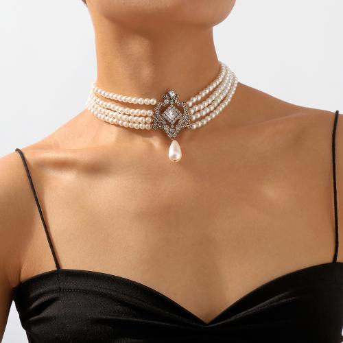 Fashion Choker Necklace, Zinc Alloy, with Plastic Pearl, silver color plated, fashion jewelry & multilayer & for woman & with rhinestone 