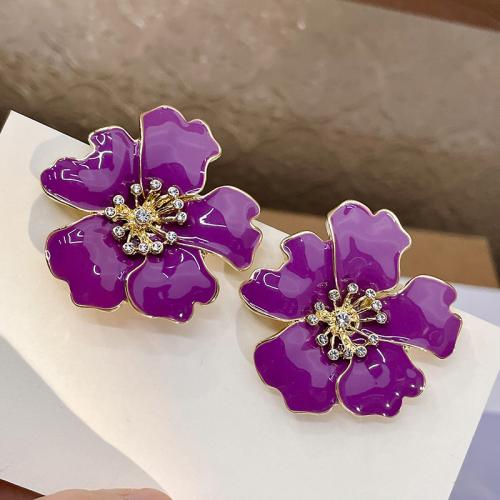 Enamel Zinc Alloy Stud Earring, with enamel, Flower, fashion jewelry & for woman & with rhinestone, purple 
