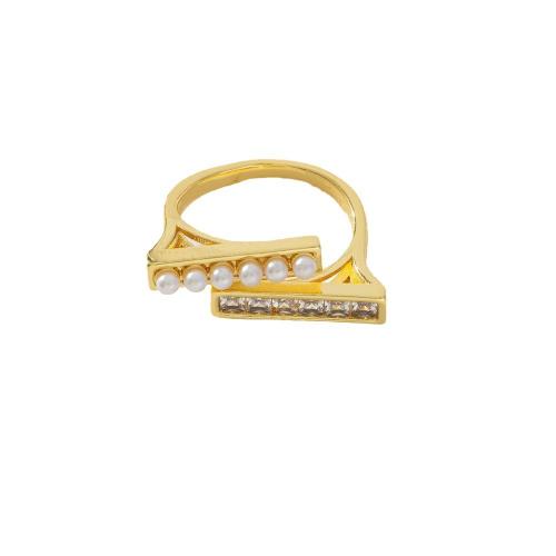Cubic Zirconia Micro Pave Brass Finger Ring, with Plastic Pearl, real gold plated, micro pave cubic zirconia & for woman 