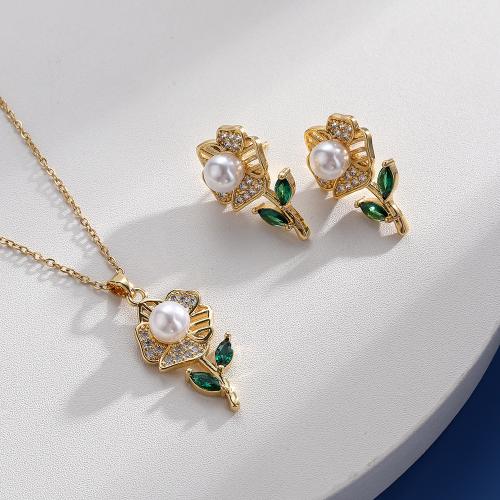 Cubic Zirconia Micro Pave Brass Jewelry Sets, Stud Earring & necklace, with Plastic Pearl, Flower, real gold plated, micro pave cubic zirconia & for woman, golden 