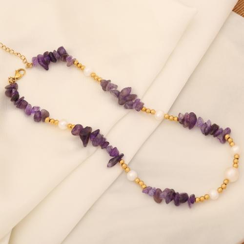 Gemstone Necklaces, Natural Stone, with Plastic Pearl & 304 Stainless Steel, with 5cm extender chain, handmade, fashion jewelry & for woman Approx 40 cm 