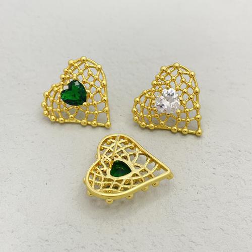Cubic Zircon Brass Earring, Heart, 18K gold plated, micro pave cubic zirconia & for woman & hollow 