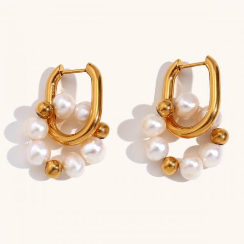 Freshwater Pearl Drop Earring, 316L Stainless Steel, with Freshwater Pearl, Vacuum Ion Plating, for woman, golden 