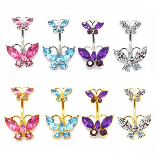 Zinc Alloy Belly Ring, with Glass Rhinestone & 316L Stainless Steel, Butterfly, plated, fashion jewelry & Unisex 32mm 