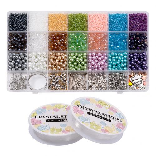 DIY Bracelet Beads Set, Glass, with Plastic Box & Crystal Thread & Zinc Alloy, 28 cells, mixed colors 