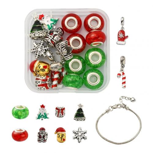 Набор бусин DIY браслет, Латунь, с пластиковая коробка & канифоль & цинковый сплав, плакирован серебром, Рождественский дизайн, разноцветный продается Box