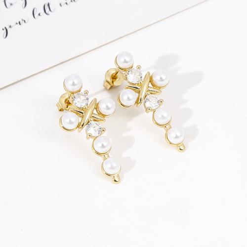 Cubic Zircon Brass Earring, with Plastic Pearl, plated, micro pave cubic zirconia & for woman, golden 