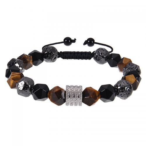 Lava Bracelet, with Obsidian & Tiger Eye & 304 Stainless Steel, Geometrical Pattern, handmade & for man & faceted, beads length 10mm Approx 7-11.8 Inch 