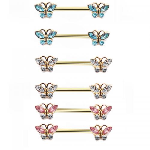 Zinklegierung Brustpiercings, mit Glassteine & 316 L Edelstahl, Schmetterling, goldfarben plattiert, Modeschmuck & unisex, keine, 1.6x14mm, verkauft von PC