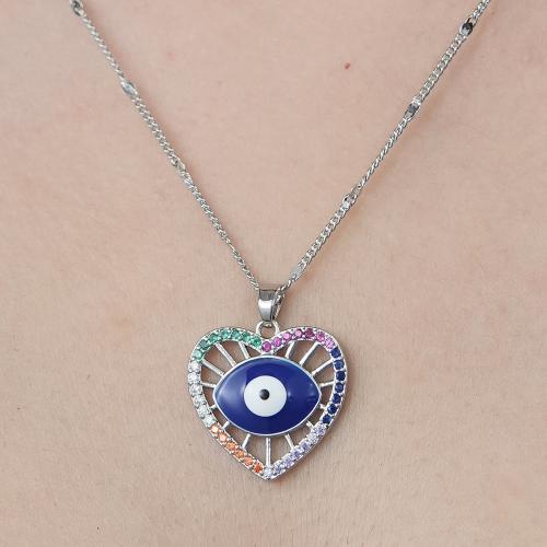 Evil Eye Jewelry Necklace, Brass, platinum color plated, fashion jewelry & micro pave cubic zirconia & for woman & enamel & hollow Approx 45-50 cm 