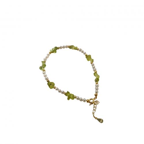 925 Sterling Silver Bracelet and Necklace, with Natural Gravel & Glass Pearl, gold color plated, Korean style & for woman 