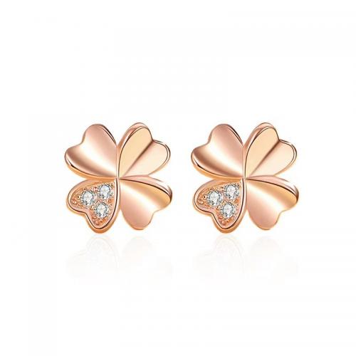 Cubic Zirconia Micro Pave Sterling Silver Earring, 925 Sterling Silver, Four Leaf Clover, plated, fashion jewelry & micro pave cubic zirconia & for woman 9mm 