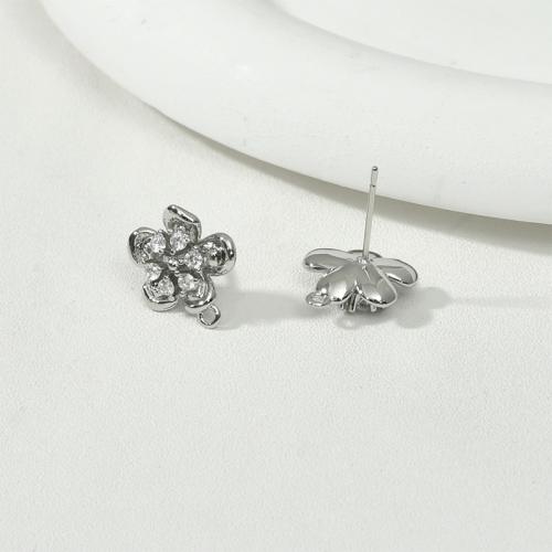 Brass Earring Stud Component, Flower, plated, DIY & micro pave cubic zirconia [