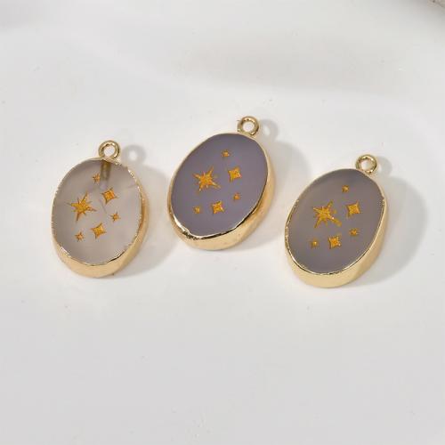 Agate Brass Pendants, with Agate, Oval, gold color plated, DIY Length about 14-916mm,,Hight about 23-24mm 