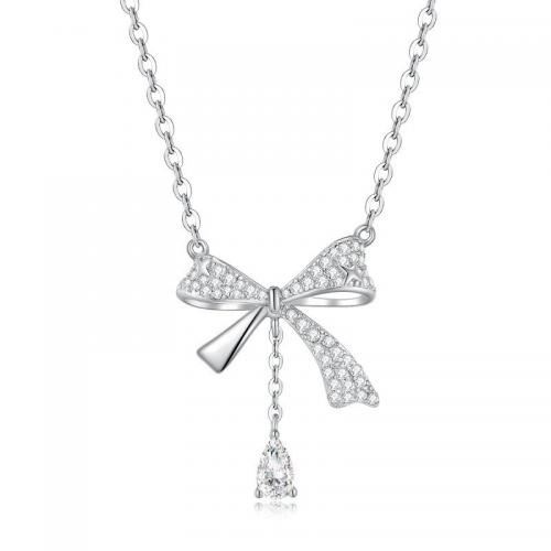 Cubic Zirconia Micro Pave Sterling Sliver Jewelry Sets, 925 Sterling Silver, with 6CM extender chain, Bowknot, plated, micro pave cubic zirconia & for woman, platinum color Approx 41 cm 