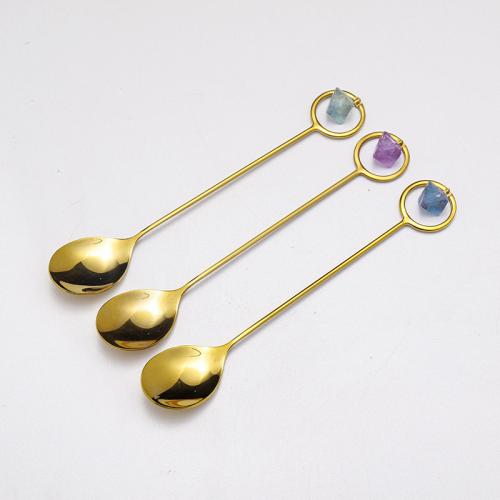 Natural Fluorite Tableware, with 304 Stainless Steel, gold color plated 150mm [