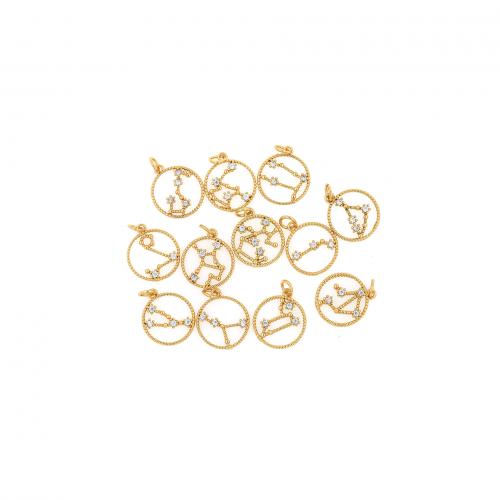 Cubic Zirconia Micro Pave Brass Pendant, Flat Round, 18K gold plated, fashion jewelry & Zodiac symbols jewelry & DIY & micro pave cubic zirconia & hollow 