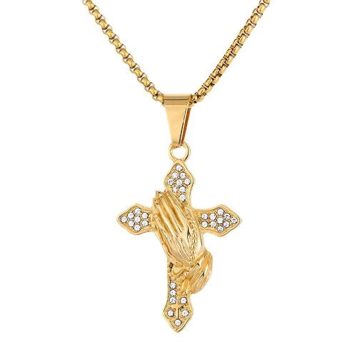 Rhinestone Stainless Steel Pendants, 316 Stainless Steel, Cross, for woman & with rhinestone, golden 