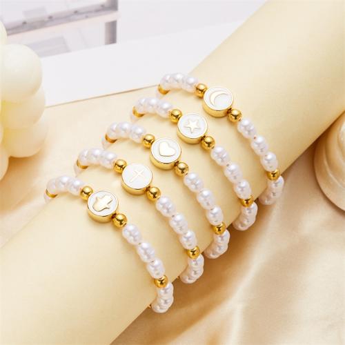 Plastic Pearl Bracelets, Zinc Alloy, with Cotton Thread & Plastic Pearl, Round, gold color plated, Adjustable & fashion jewelry & for woman cm [
