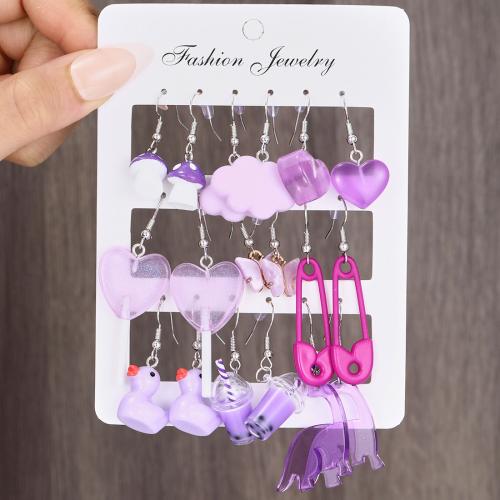 Resin Zinc Alloy Earring, with Resin, 12 pieces & fashion jewelry & for woman, purple 