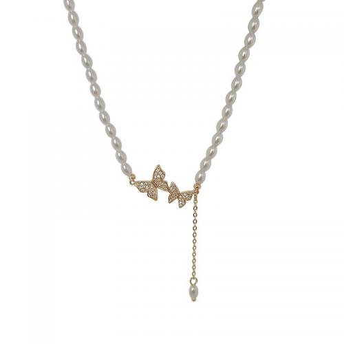 Collier de perles en plastique, alliage de zinc, avec perle de plastique, avec 5CM chaînes de rallonge, Placage, pavé de micro zircon & pour femme, jaune d'or Environ 45 cm, Vendu par PC