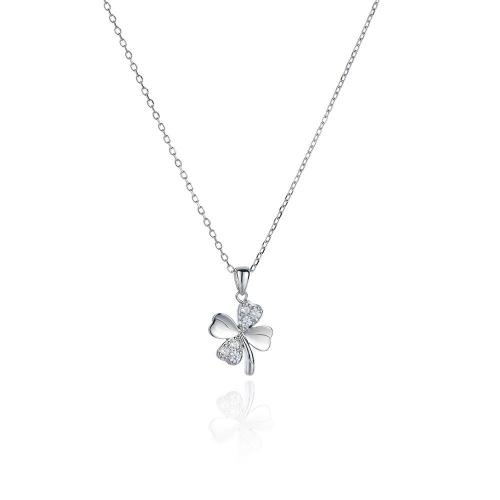 Cubic Zircon Micro Pave Brass Necklace, with 5CM extender chain, Four Leaf Clover, plated, micro pave cubic zirconia & for woman, platinum color Approx 40 cm 