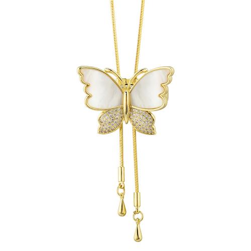 Zinc Alloy Sweater Necklace, with White Shell, Butterfly, plated, for woman & with rhinestone Approx 33.9 Inch 