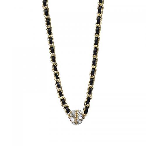 Zinc Alloy Necklace, with PU Leather, Round, gold color plated, with magnetic & for woman & with rhinestone Approx 15.4 Inch 