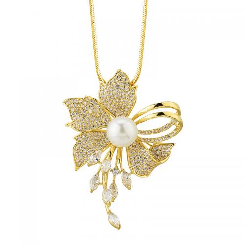 Zinc Alloy Sweater Necklace, with Plastic Pearl, Flower, plated, micro pave cubic zirconia & for woman Approx 27.6 Inch 