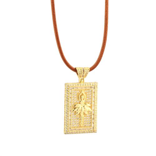 Cubic Zircon Micro Pave Brass Necklace, with leather cord & Cubic Zirconia, with 5CM extender chain, Rectangle, gold color plated & for woman cm 