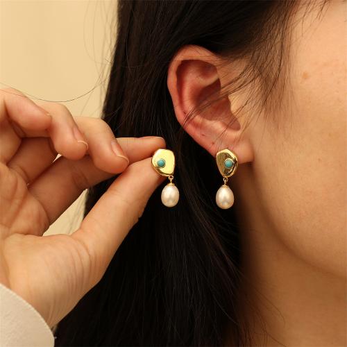 Freshwater Pearl Brass Earring, with Gemstone Chips & Freshwater Pearl, gold color plated & micro pave cubic zirconia [