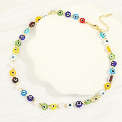 Evil Eye Jewelry Necklace, Brass, with Freshwater Pearl & Resin, with 5CM extender chain, Round, gold color plated, fashion jewelry & for woman, multi-colored cm 