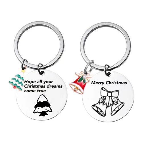 304 Stainless Steel Key Clasp, Flat Round, Christmas Design & Unisex & with letter pattern, original color, 30mm 