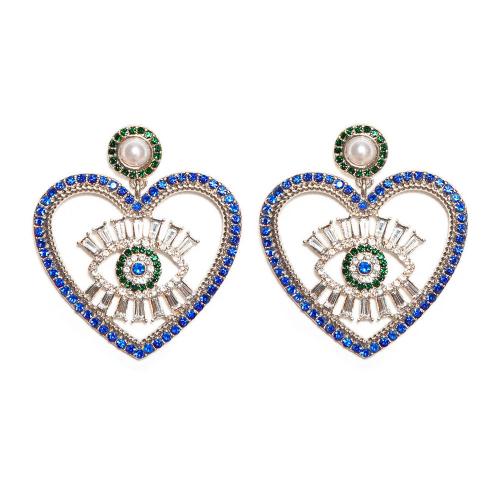 Rhinestone Drop Earring, with Plastic Pearl & Brass, Heart, plated, for woman & with rhinestone & hollow 