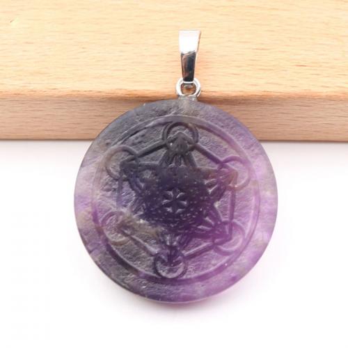 Gemstone Brass Pendants, Natural Stone, with Brass, Flat Round, silver color plated, DIY 