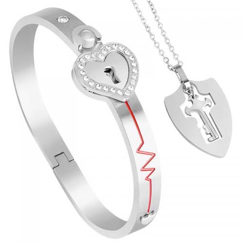 Titanium Steel Jewelry Set, bangle & necklace, plated, for couple & with rhinestone cm 