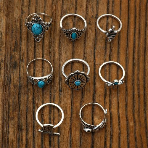 Zinc Alloy Ring Set, with turquoise, Carved, 8 pieces & fashion jewelry & for woman, original color 