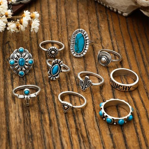 Zinc Alloy Ring Set, with turquoise, 10 pieces & fashion jewelry & for woman 