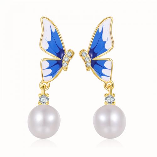 Cubic Zirconia Micro Pave Brass Earring, with Plastic Pearl, Butterfly, plated, micro pave cubic zirconia & for woman & enamel, gold 