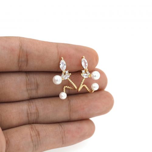 Cubic Zirconia Micro Pave Brass Earring, with Plastic Pearl, 18K gold plated, fashion jewelry & micro pave cubic zirconia & for woman, white 