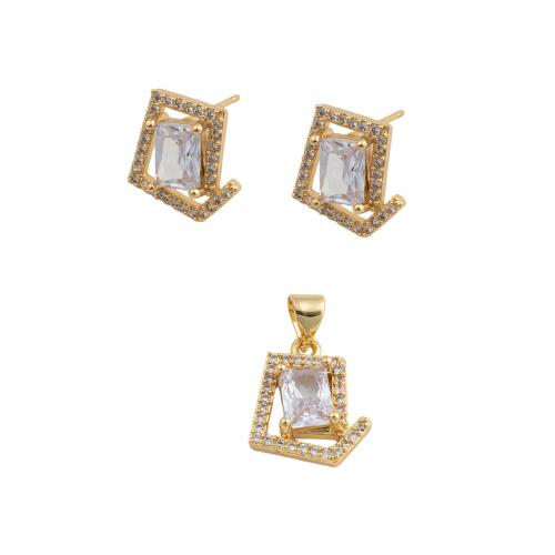 Brass Cubic Zirconia Jewelry Sets & micro pave cubic zirconia & for woman, golden, pendant 15.5*12.5mm,  stud earring 13*12mm 
