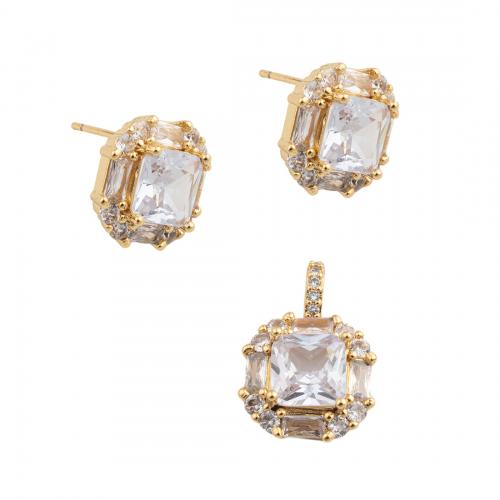 Brass Cubic Zirconia Jewelry Sets, fashion jewelry & micro pave cubic zirconia & for woman, golden, pendant 18.5*12.5mm,  stud earring 12.5*12.5mm 