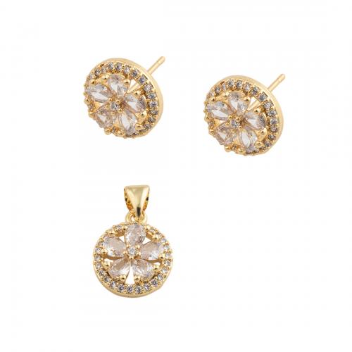 Brass Cubic Zirconia Jewelry Sets, fashion jewelry & micro pave cubic zirconia & for woman, golden, pendant 14*11.5mm,  stud earring 11.5*11.5mm 